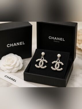 CHANEL Pearl Silver-Tone CC Drop Earrings with White Pearls